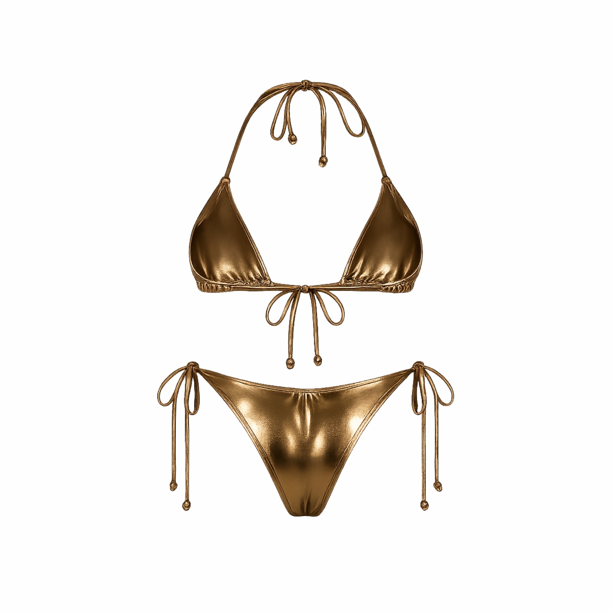 Back flat lay of gold two-piece swimwear displaying seamless stitching and rust-proof bead hardware