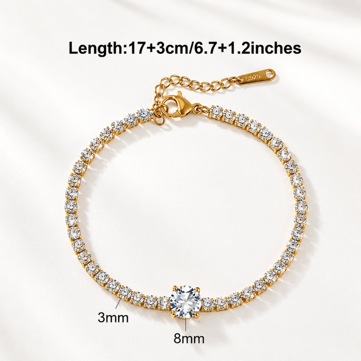 Diagram showing dimensions of gold tennis bracelet 17 plus 3cm length 8mm center stone 3mm side stones