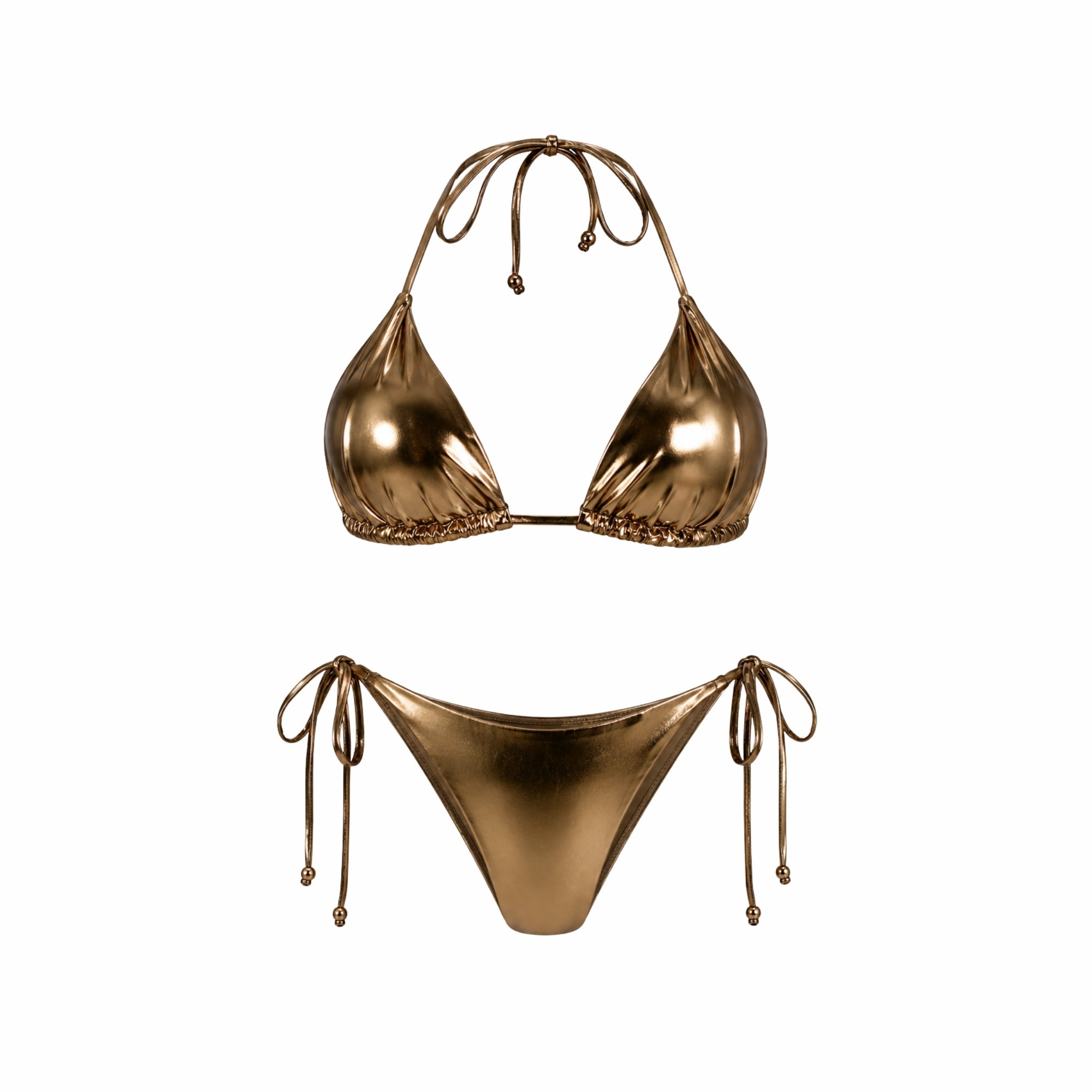 Flat lay of front side of metallic gold triangle bikini set showcasing premium shiny foil fabric