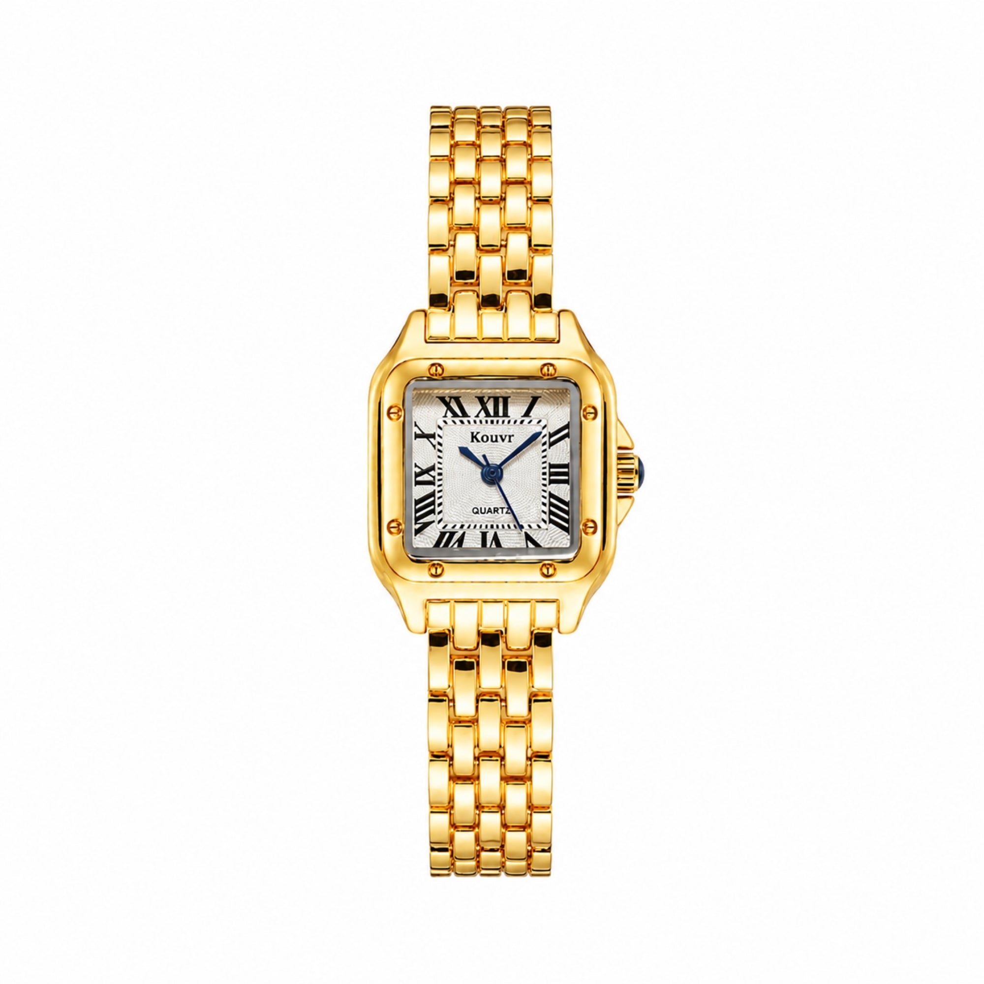 Direct front profile of the Kouvr classic gold women's watch showing polished link bracelet and square face on a seamless white background.