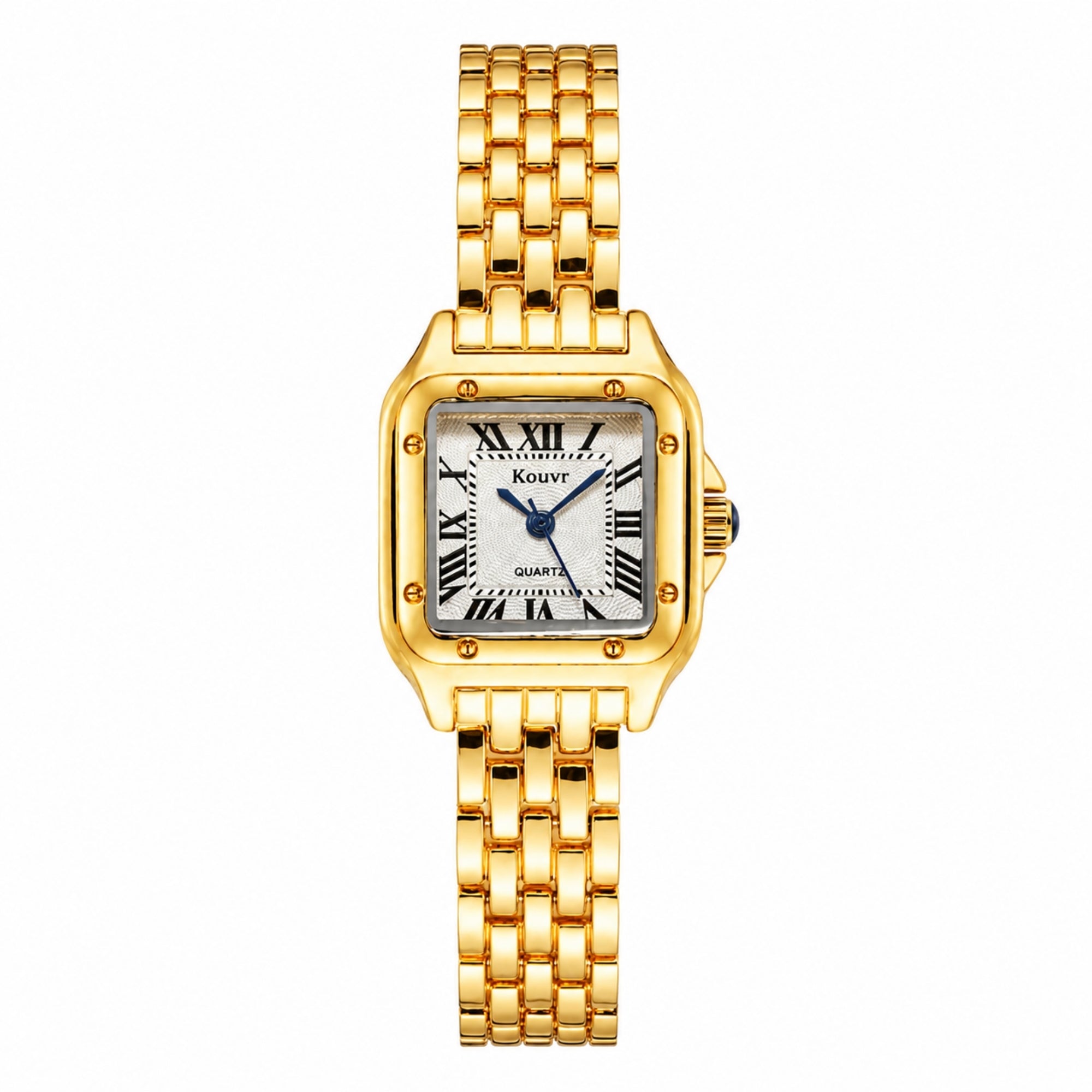 Studio shot of the Kouvr women's gold quartz watch with decorative crystal bezel and textured dial isolated against a pure white background.