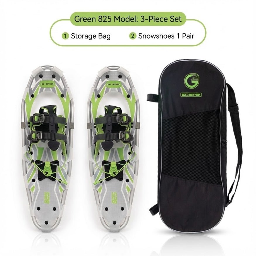 Green 825 model 3-piece outdoor set with white and green snowshoes and a black carry bag.