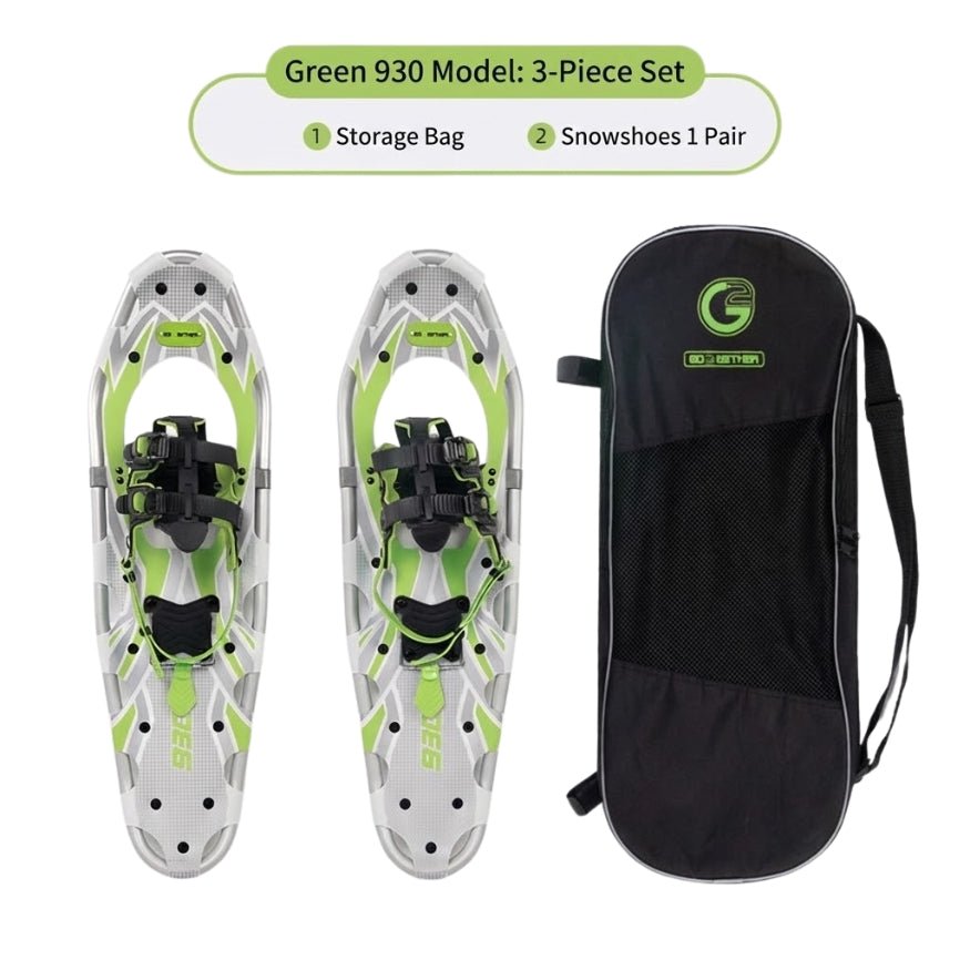 Green 930 model 3-piece set for deep snow trekking with large snowshoes and storage bag.