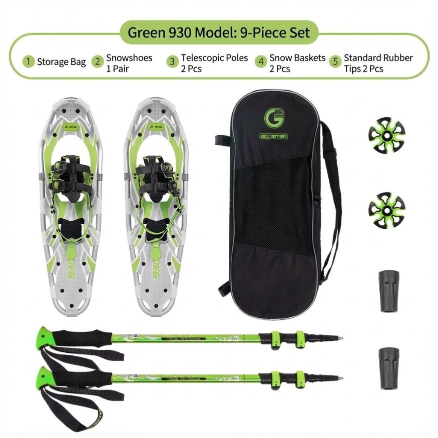 Premium 9-piece mountain bundle with Green 930 model snowshoes and adjustable trekking poles.