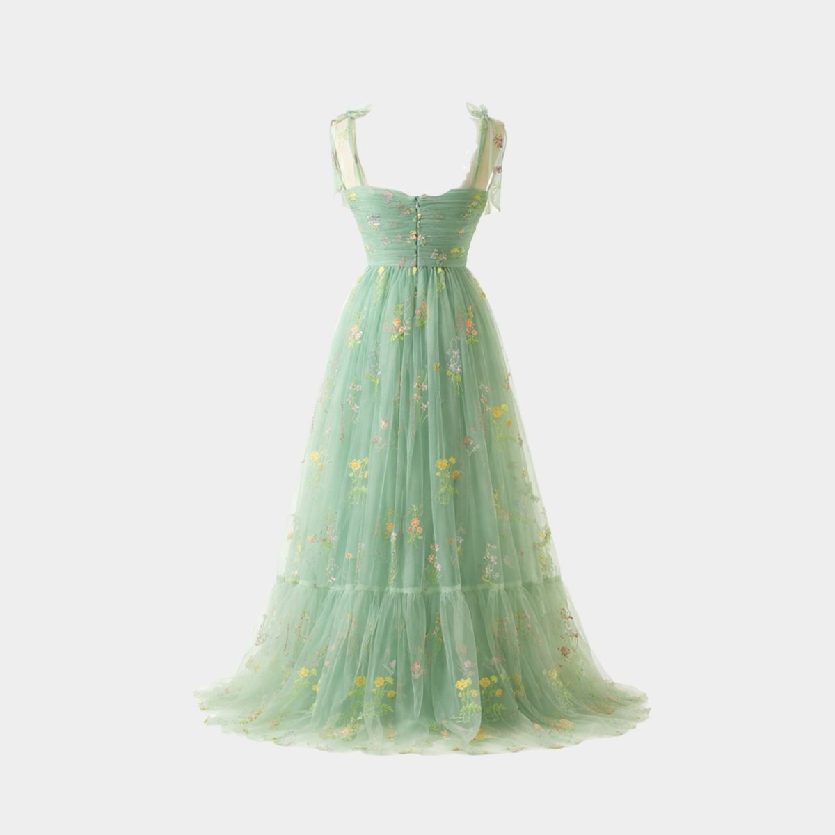 Ghost mannequin back view of Kouvr green floral tulle sweetheart maxi dress