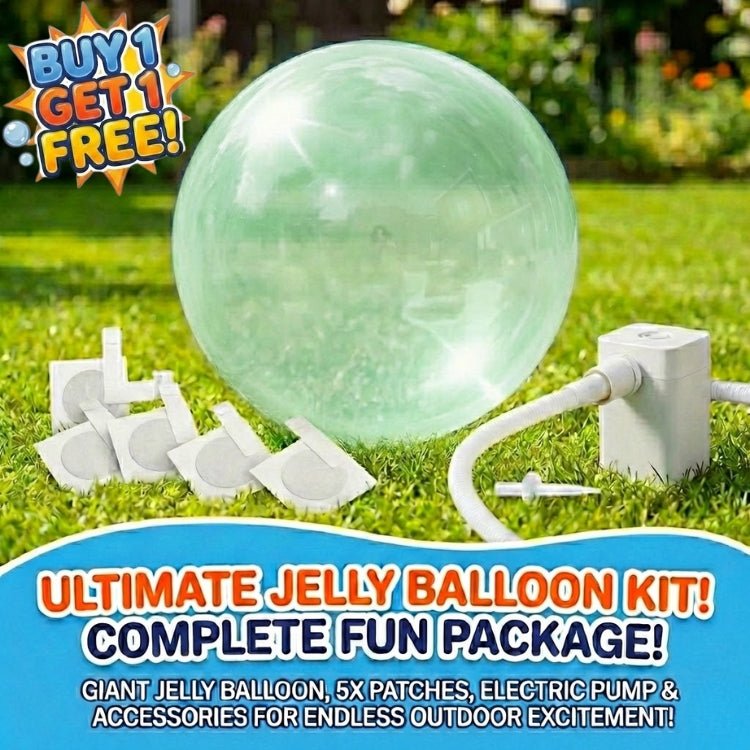 A large transparent green jelly ball for kids, shown as a complete kit with an electric inflator pump and durable repair patches for endless outdoor excitement.