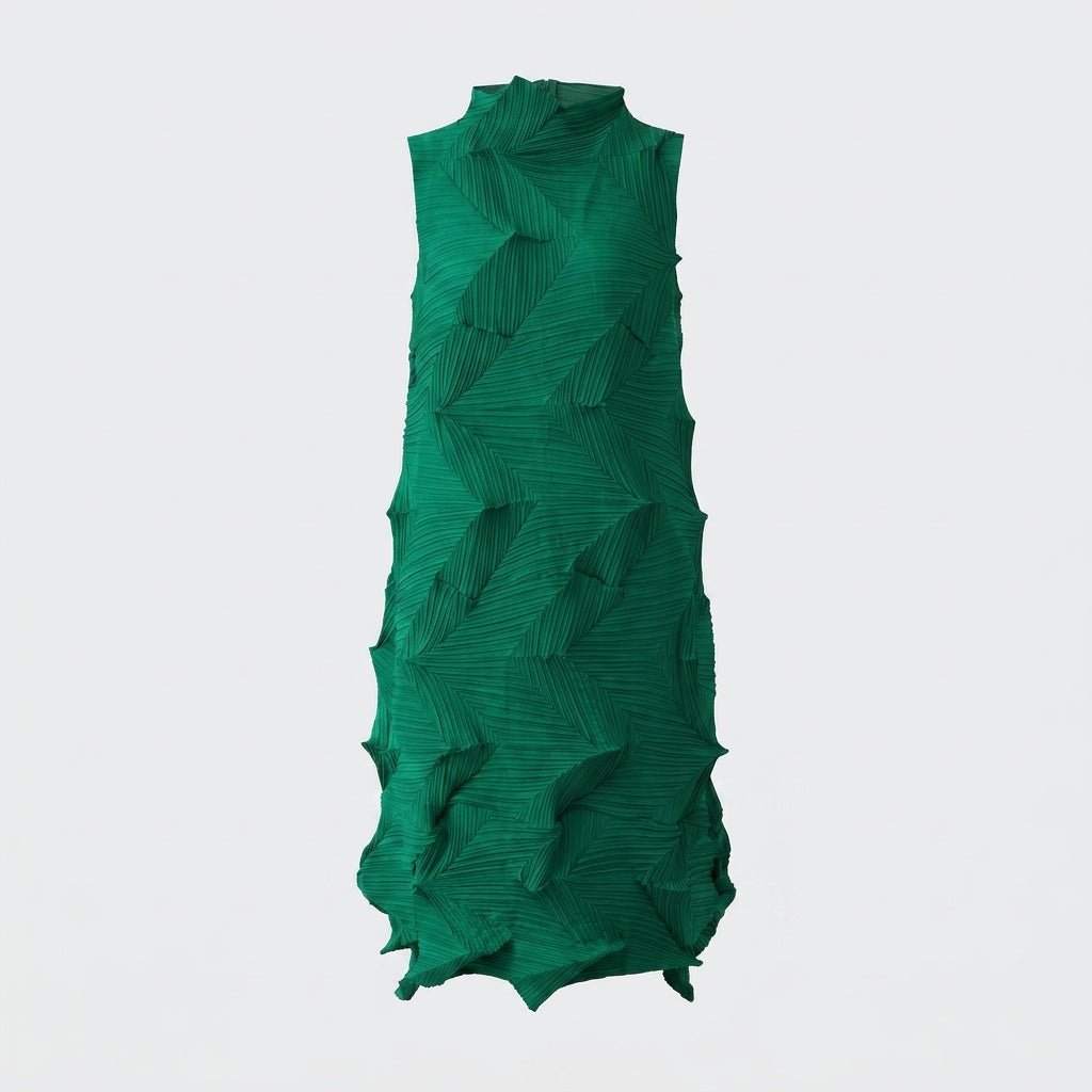 Ghost mannequin back view of an unlined green sculptural pleated mock neck midi dress.