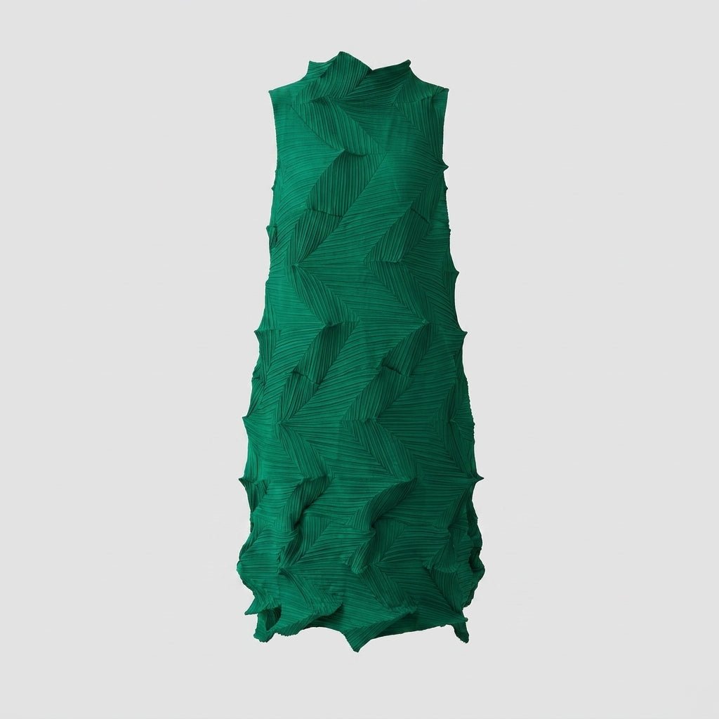 Ghost mannequin front view of a vibrant green sleeveless dress featuring distinct geometric 3D architectural pleats.