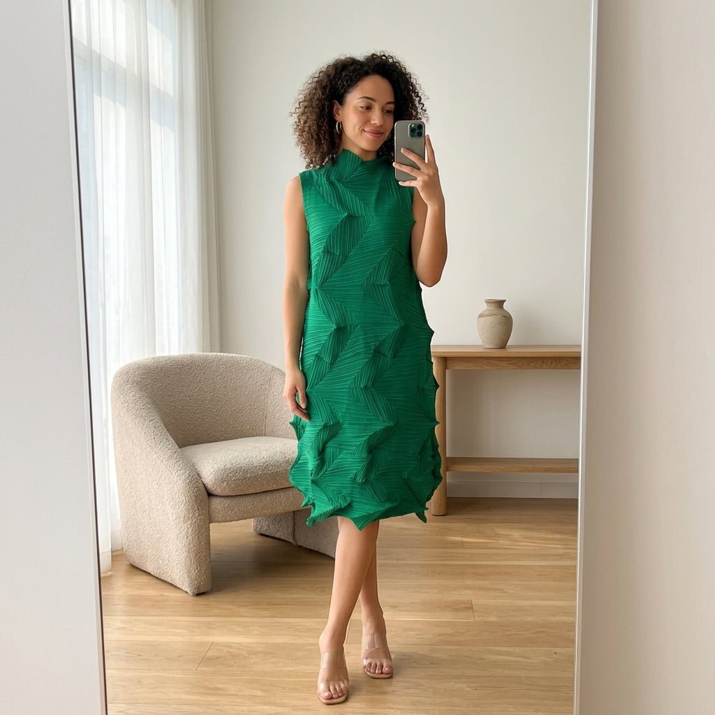 Smiling woman with curly hair taking a mirror selfie wearing a green 3D textured sleeveless shift dress in a modern living room setting.