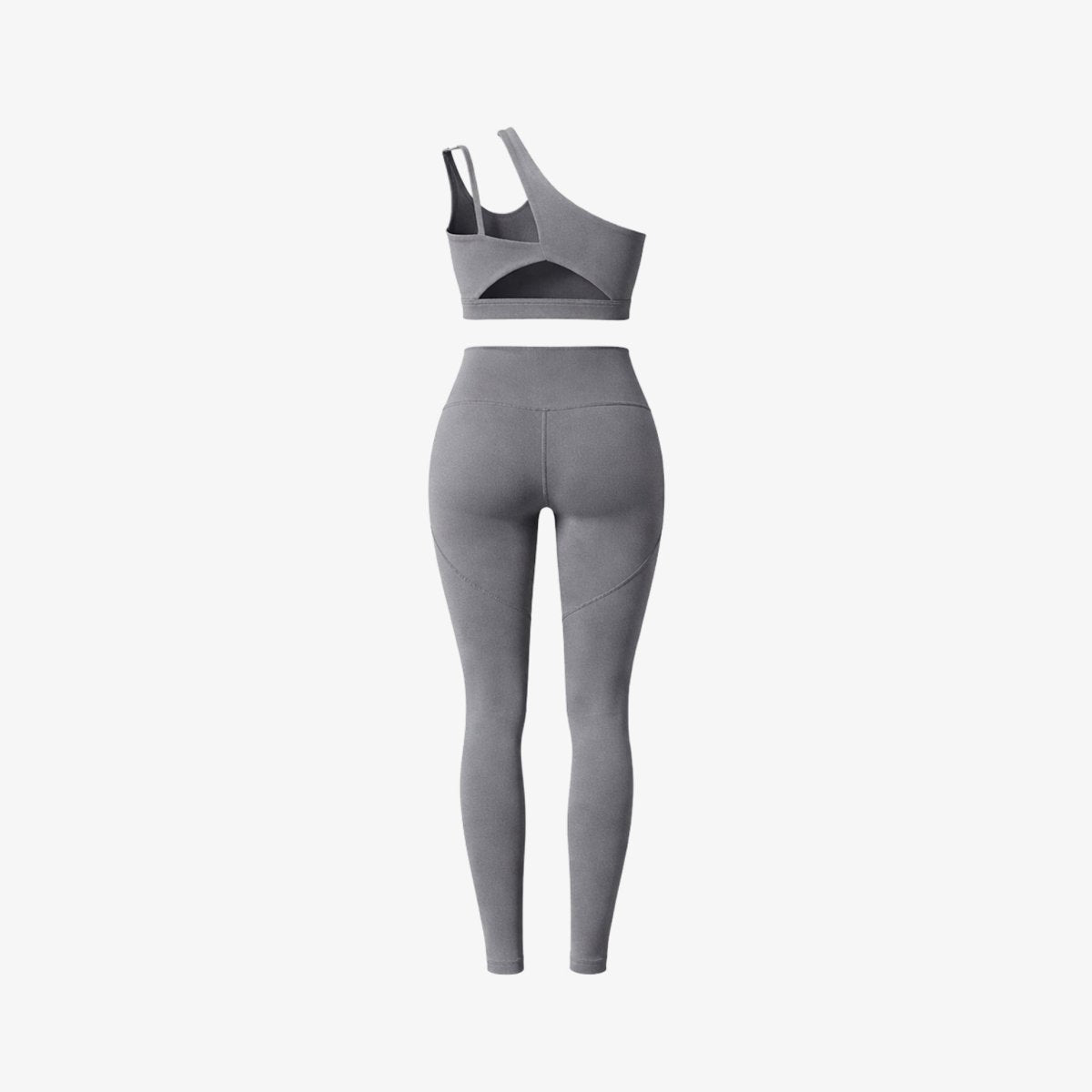 Back flatlay view of Kouvr grey workout outfit showing back strap cutout detail and v-shape seams on the full length leggings.