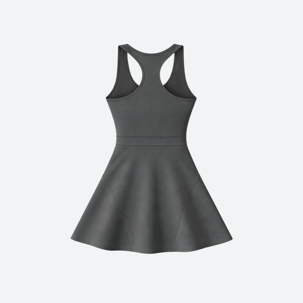 Studio product shot of a grey racerback athletic dress with paneled skirt detail
