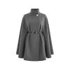 Product shot of the grey funnel neck cape coat with its detachable black belt and pearl button detail.