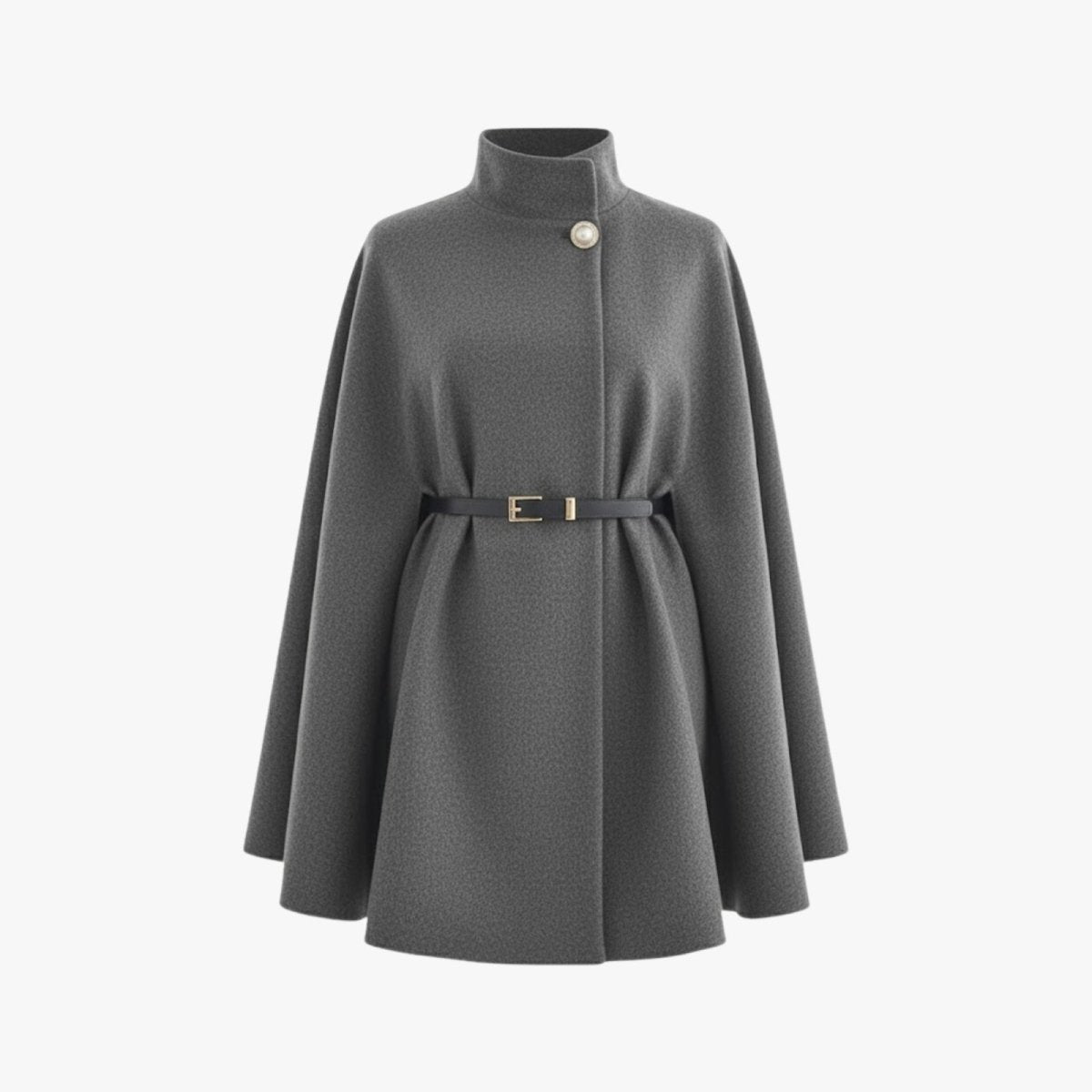 Product shot of the grey funnel neck cape coat with its detachable black belt and pearl button detail.