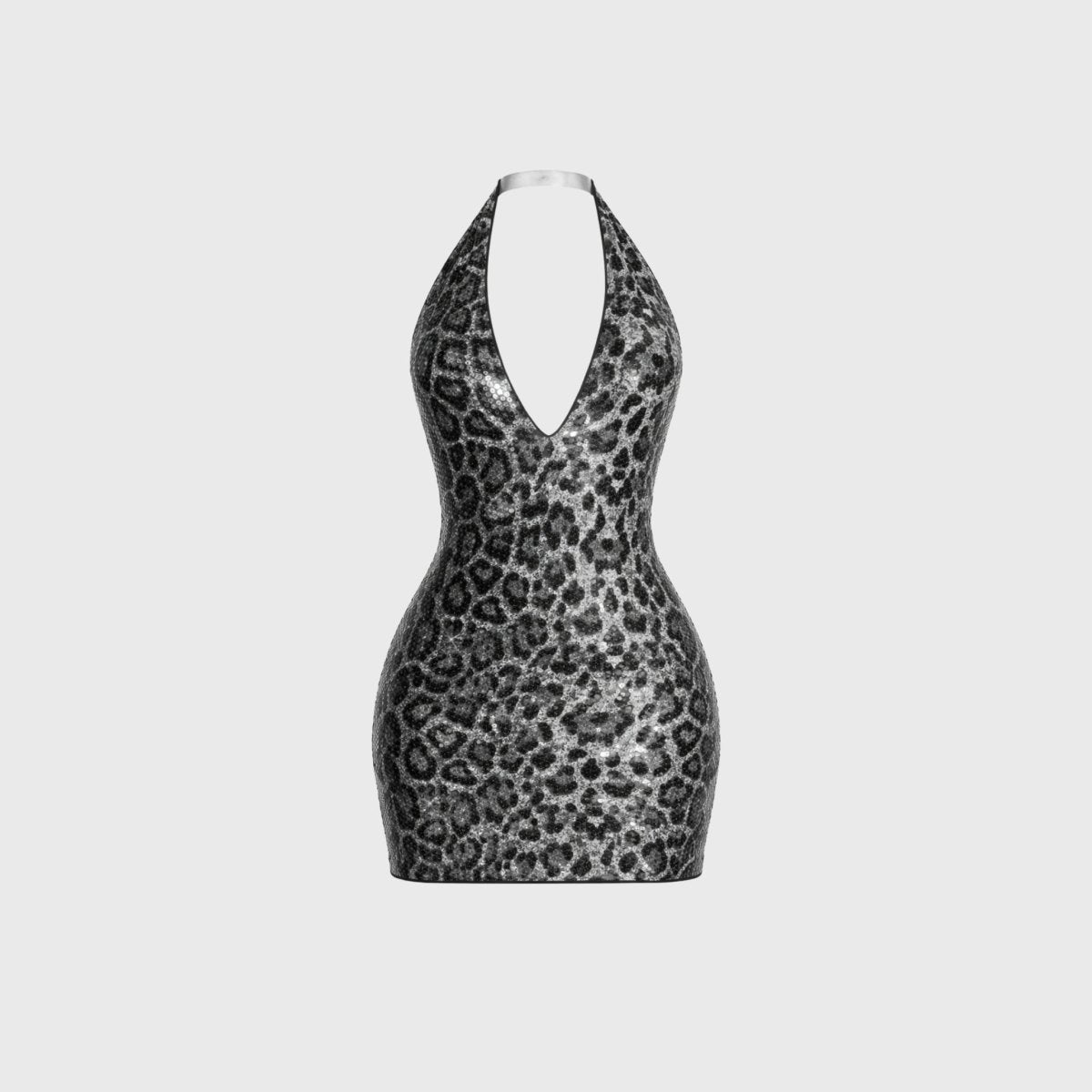 Flat lay front view of Kouvr grey and black leopard print sequin bodycon mini dress.
