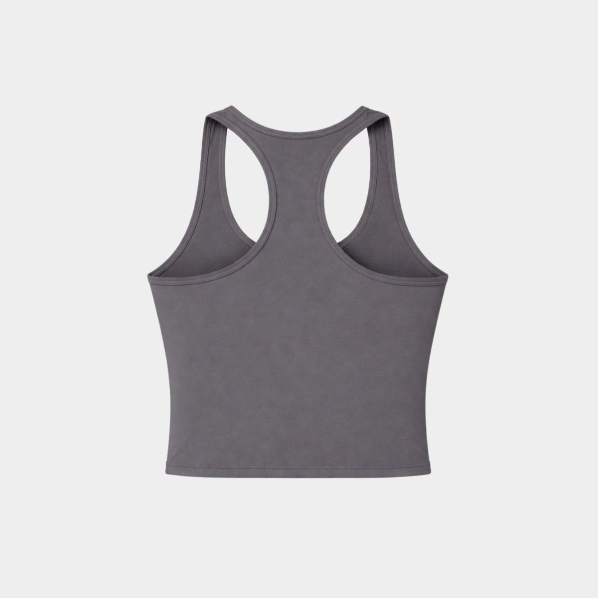 Flat lay back view of charcoal grey racerback athletic top.