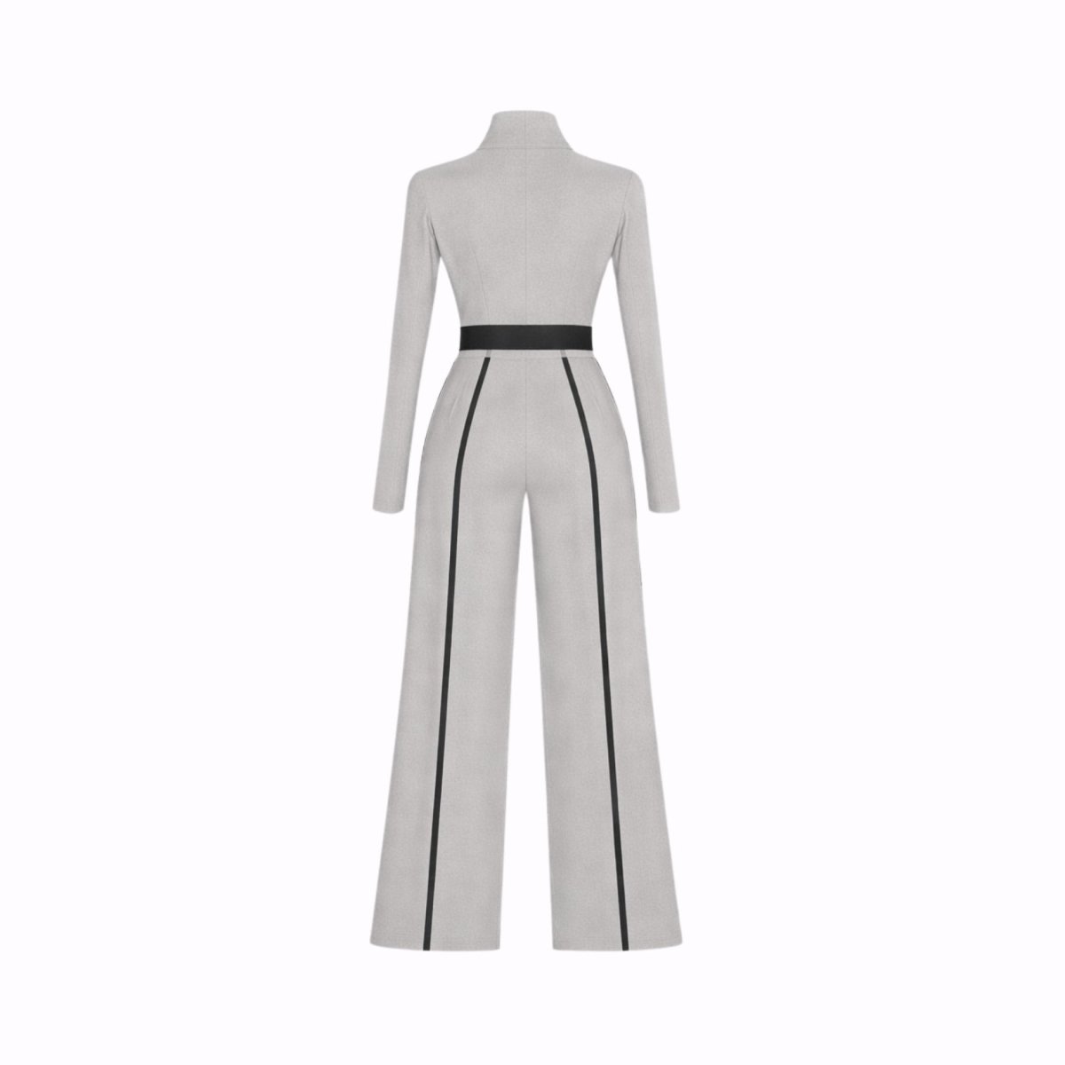 Ghost mannequin back view of the Kouvr grey long sleeve turtleneck wide leg jumpsuit showing back zipper and structured piping details.