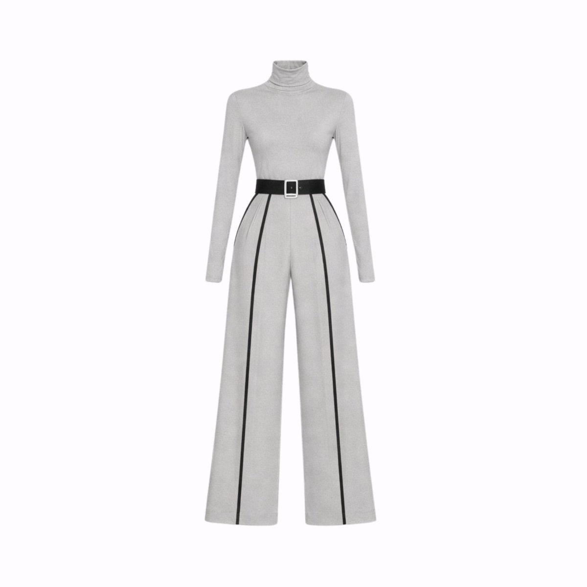 Ghost mannequin front view of the Kouvr grey long sleeve turtleneck wide leg jumpsuit with black piping and belt.