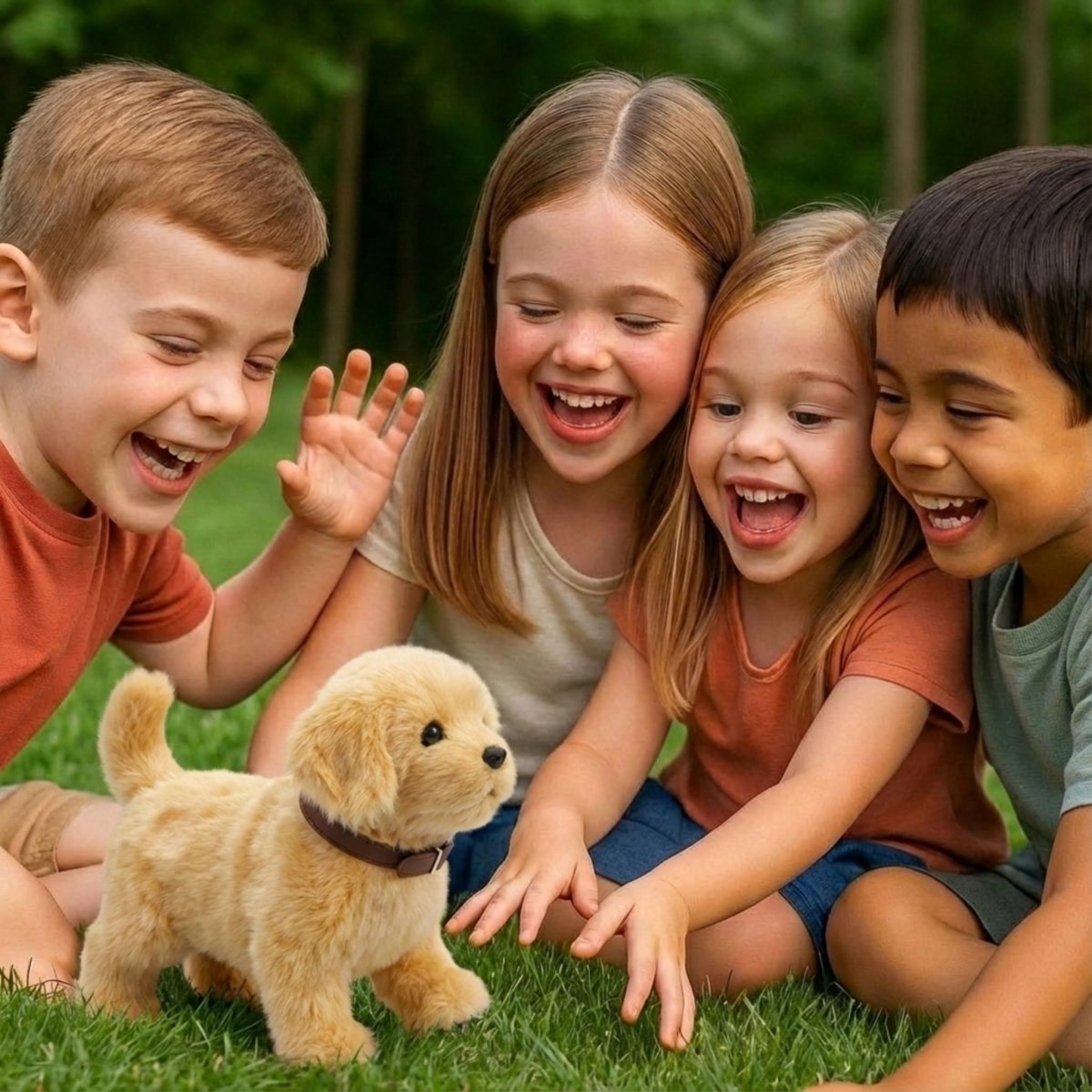 Four diverse, smiling children gathered together, holding a small, realistic brown toy poodle puppy in the center.