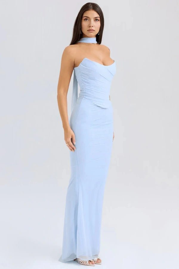 Side profile of the Hailey light blue evening gown, detailing the ruched silhouette and the connection of the choker scarf at the neck.