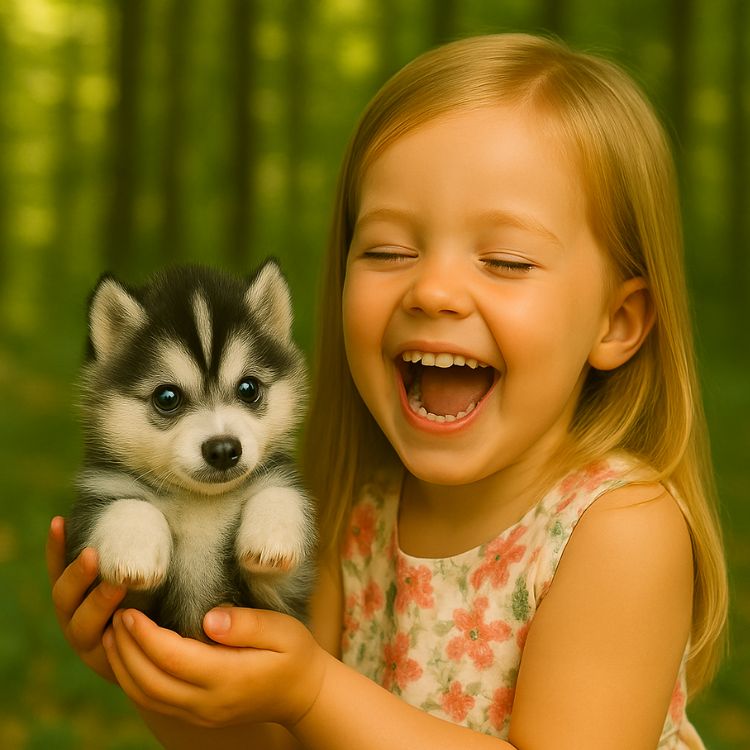 A young girl with blonde hair laughing joyfully while hugging the realistic interactive husky puppy toy, showing the happiness of the perfect gift.