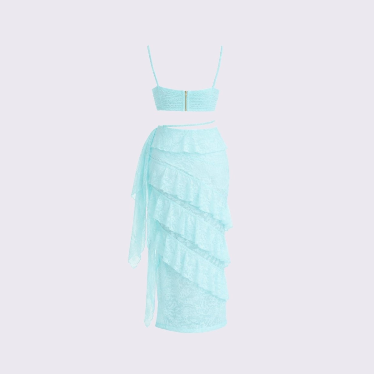 Back product view of aqua blue lace matching outfit highlighting the back bodice zipper and sheer layered ruffles on the skirt.