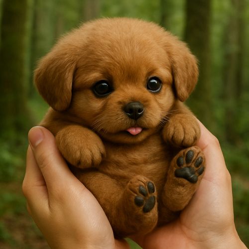 A person holding a small, fluffy brown realistic robot puppy toy in their cupped hands with a forest background.
