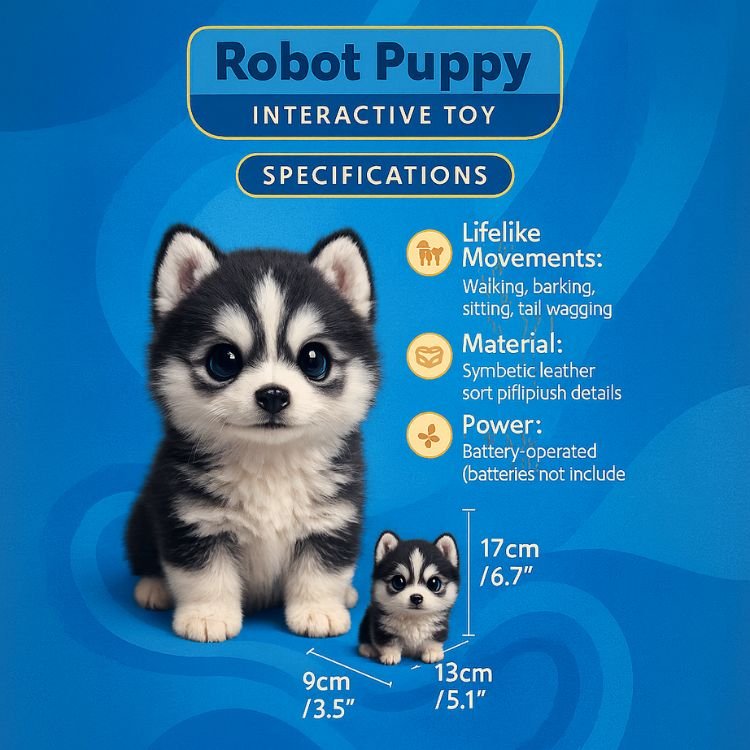 Infographic detailing the Kouvr Interactive Robot Puppy features: lifelike movements (walking, barking, sitting), premium materials, battery operated power, and small dimensions (17cm height).