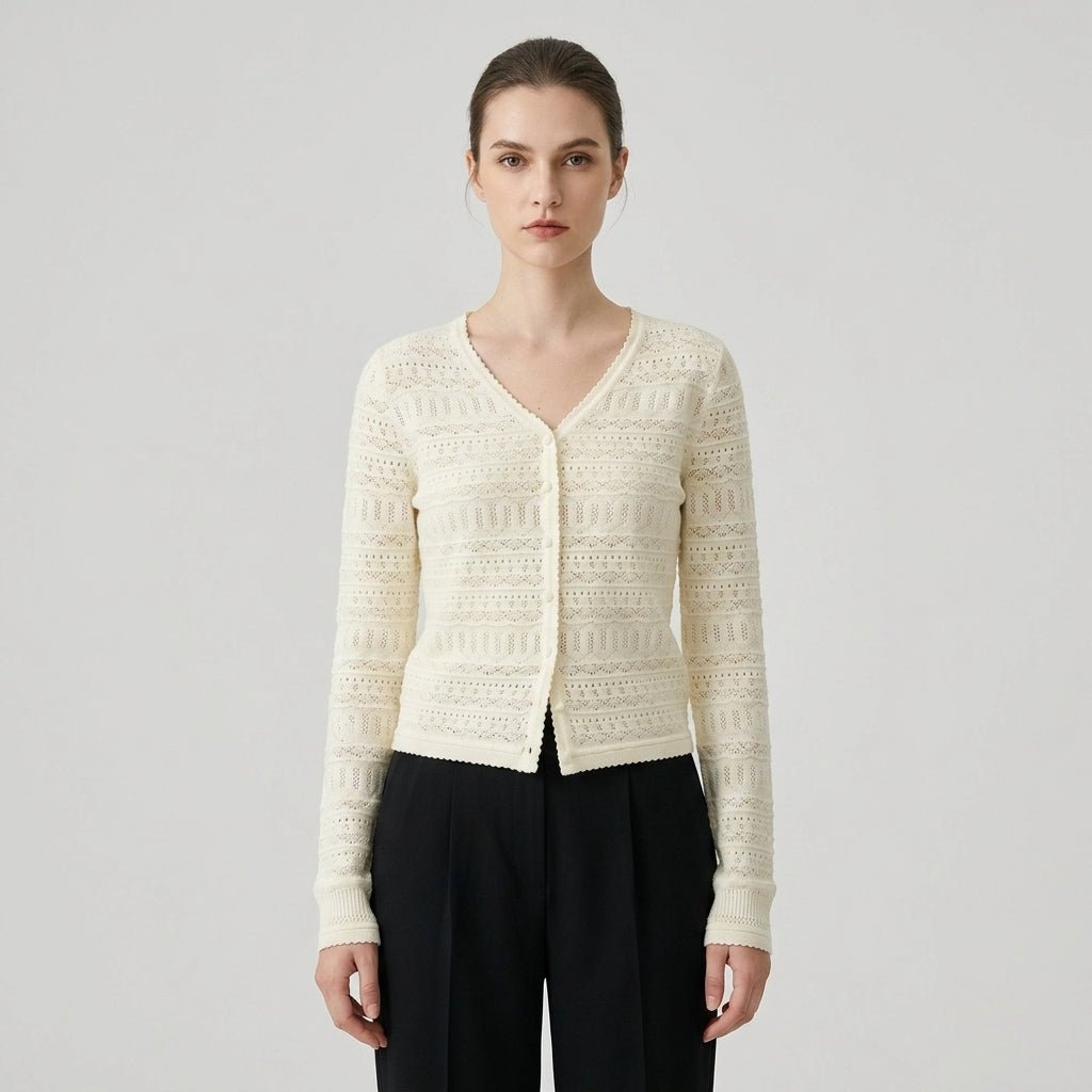 Women's ivory pointelle knit v-neck cardigan with scalloped edges front view