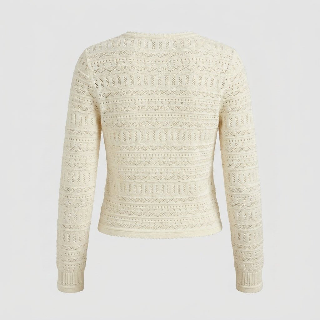 Back detail of cream vintage inspired pointelle knit cardigan