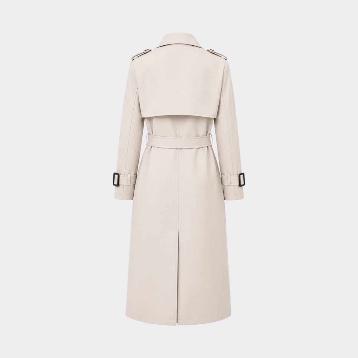 Back detail product shot of a ivory trench coat showing structured shoulder epaulettes, upper back storm flap, and adjustable belted sleeve cuffs.