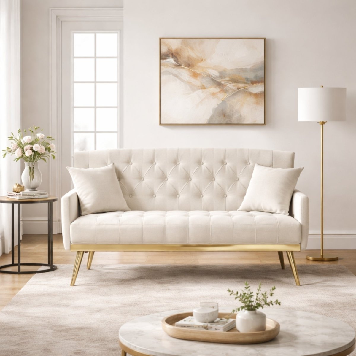 Front view of the Celine ivory tufted loveseat featuring biscuit tufting and gold metal legs in a bright modern living room.