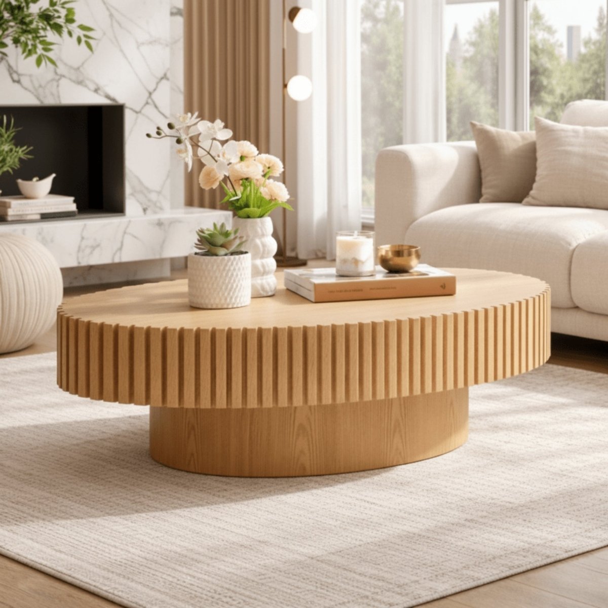 Close up of decorative items on a fluted wood oval coffee table with marble fireplace in background.