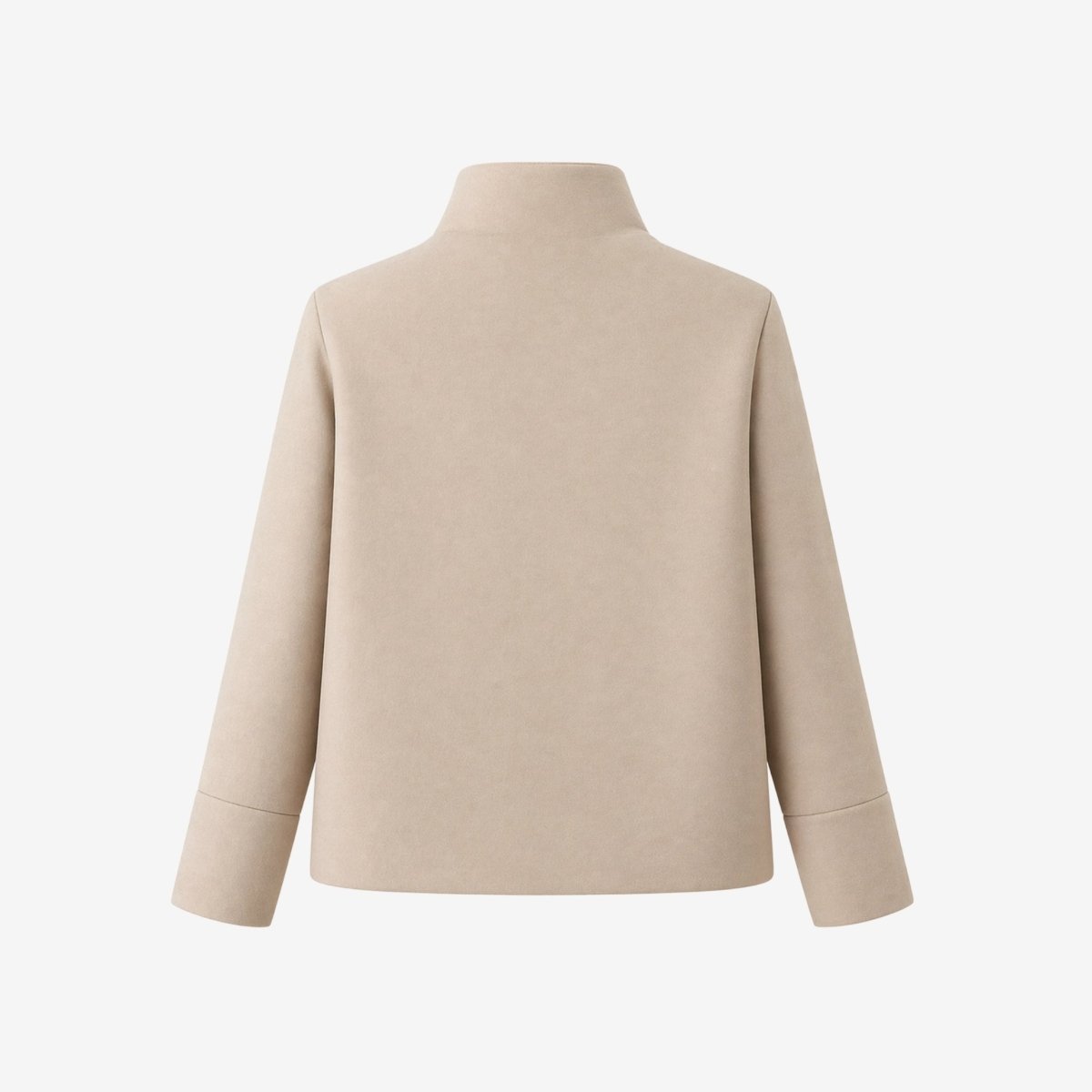 Flat lay back view of the minimalist beige outerwear jacket by Kouvr.