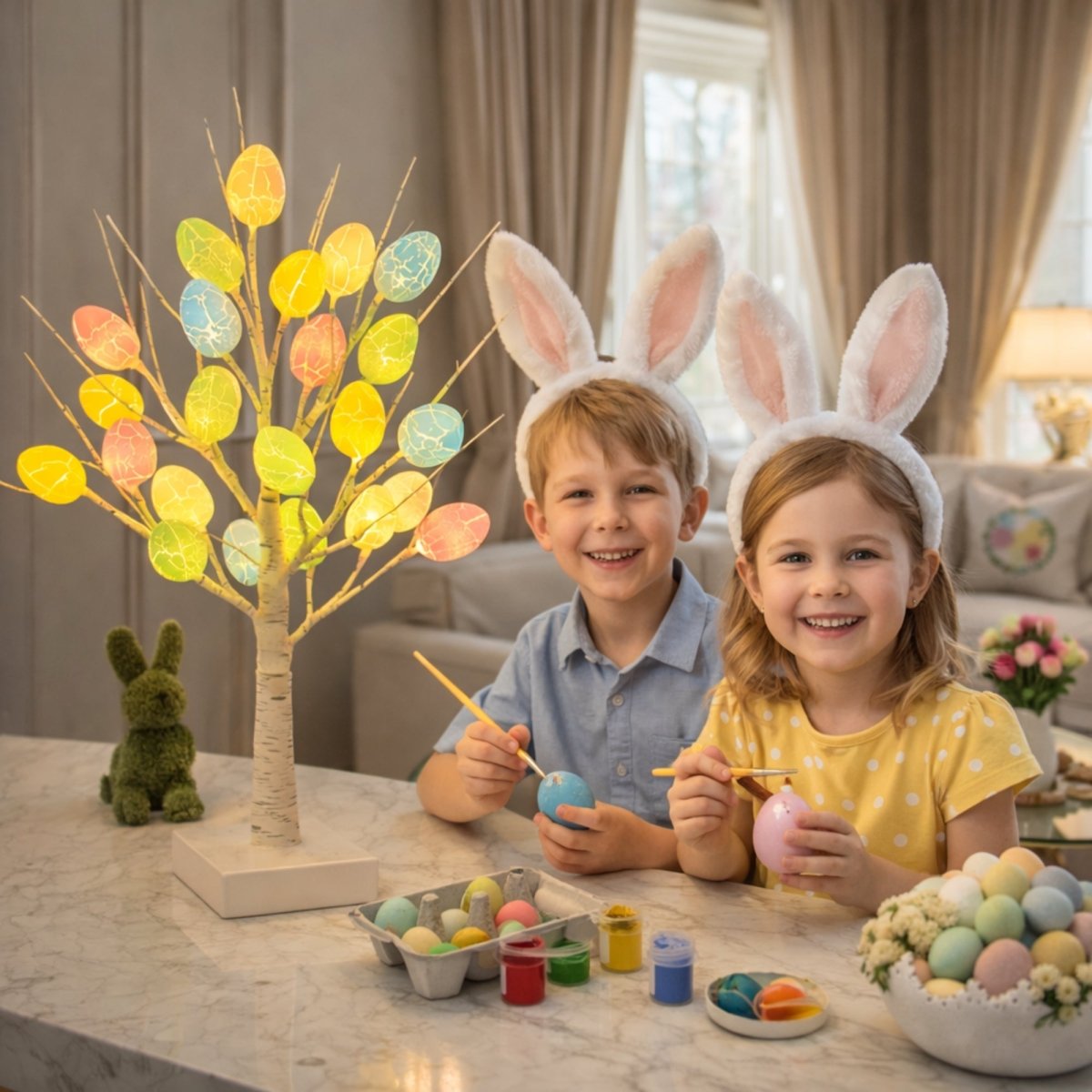 Two happy children wearing bunny ears paint Easter eggs at a table next to a brightly lit Kouvr Easter egg tree.