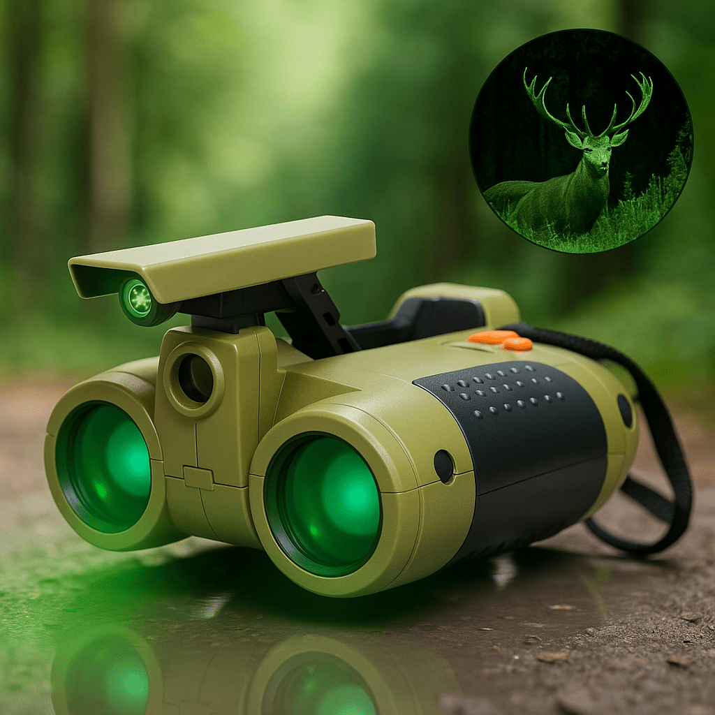 Infographic showing features of kids night vision binoculars, highlighting 4x magnification, adjustable eyepiece, popup spotlight, and compact dimensions for children.