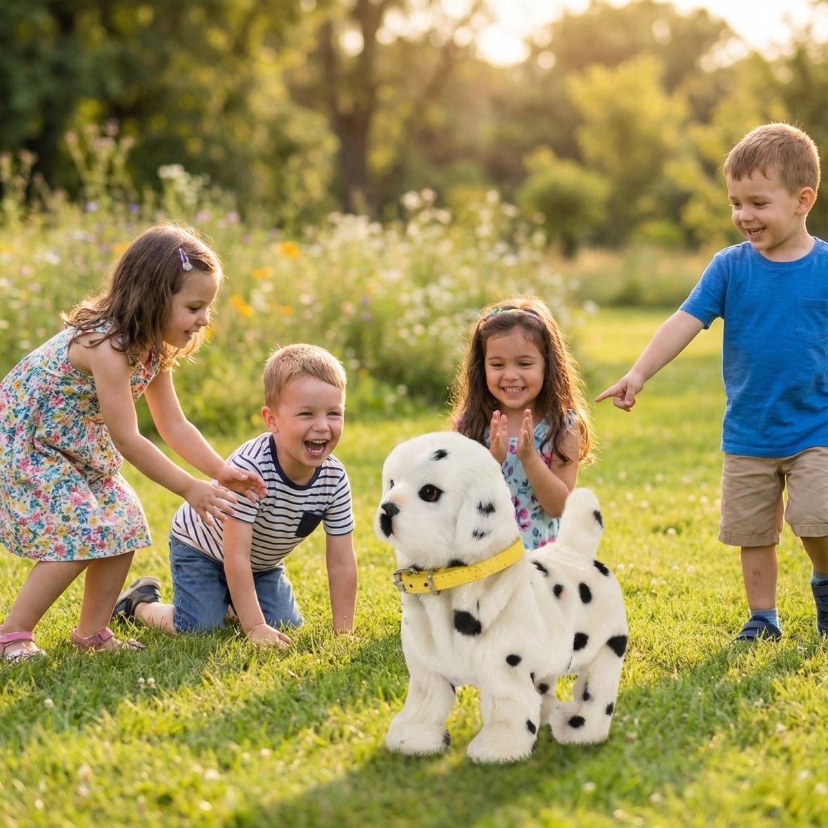 A group of four happy children playing outdoors on the grass with the interactive walking Dalmatian toy, demonstrating safe group play and realistic movement.