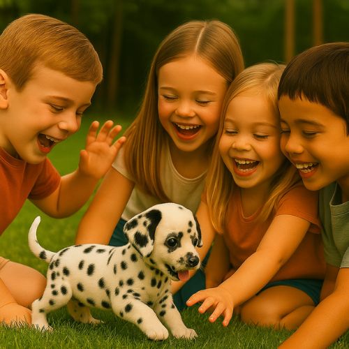 A group of four happy children playing outdoors on the grass with the interactive walking Dalmatian toy, demonstrating safe group play and realistic movement.
