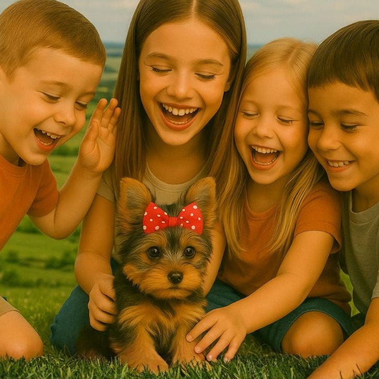 Group of happy children playing with a lifelike electronic pet dog on the grass, showing the toy is safe and fun for kids.