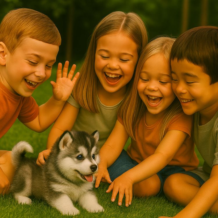 A group of four diverse happy children laughing and interacting excitedly with a lifelike robot husky puppy toy on a grassy lawn.