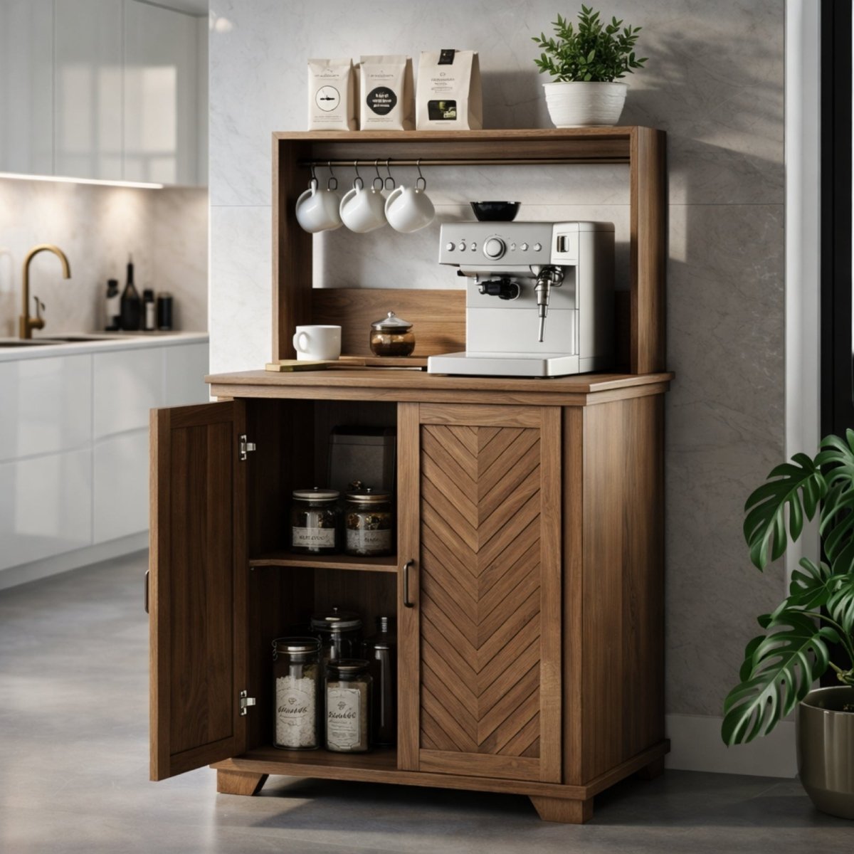 Kitchen buffet sideboard organized as an espresso station with glass jars, coffee bags on top shelf, and sleek silver espresso machine.