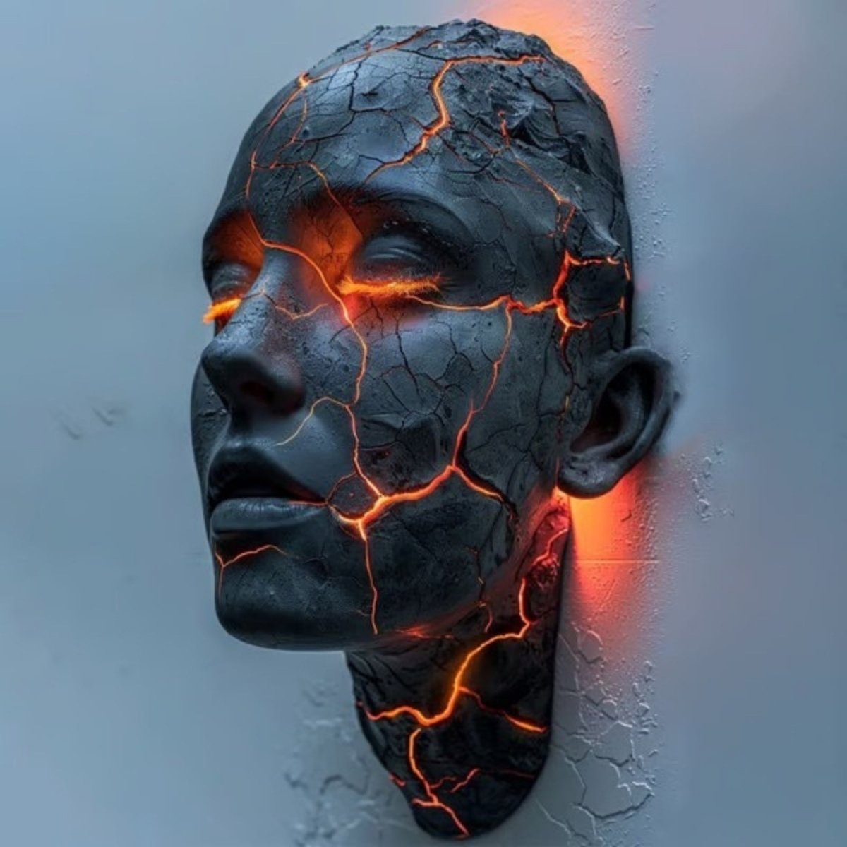 Angled view of the Kouvr lighted wall sculpture, showing the 3D relief of the cracked face with a warm orange glow emanating from its eyes and fissures against a light gray wall.