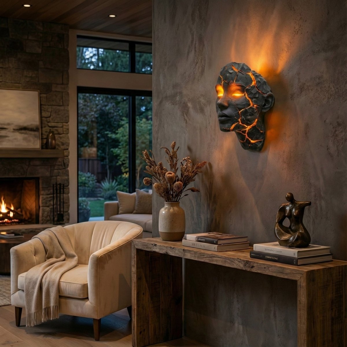 The Statement wall light by Kouvr mounted in a modern luxury living room, casting a warm, moody ambiance on a textured concrete wall above a rustic wood console table.