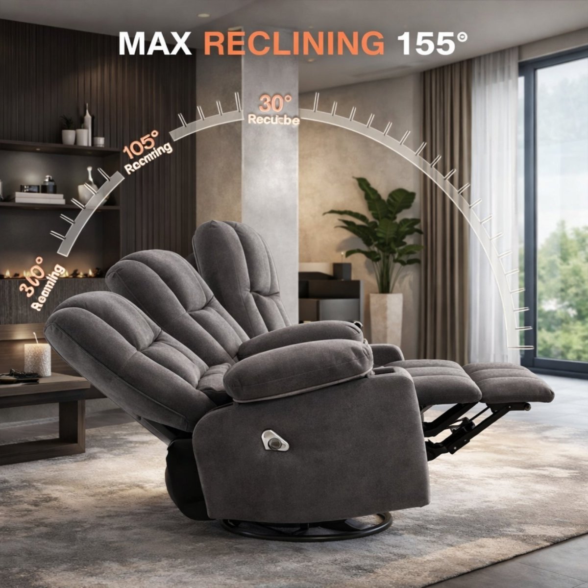 Side view of the Kouvr chair demonstrating the 155-degree deep recline, 30-degree rocking motion, and 360-degree swivel capabilities.