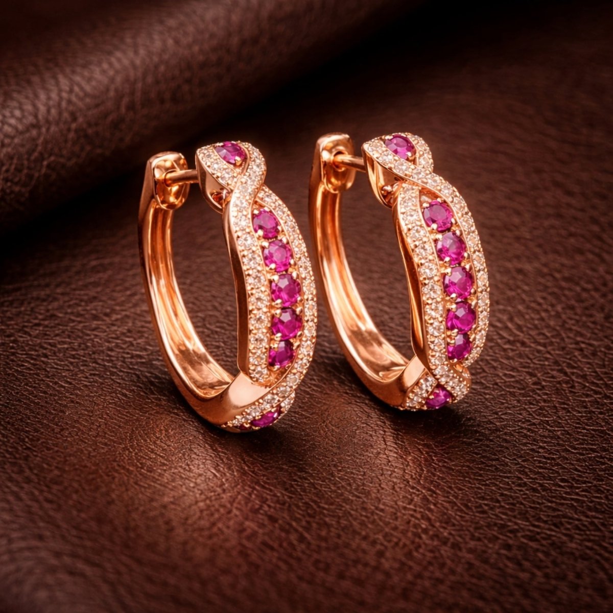 A detailed close-up shot of the Kouvr ruby and diamond infinity hoop earrings resting on a textured brown leather surface, highlighting the craftsmanship.