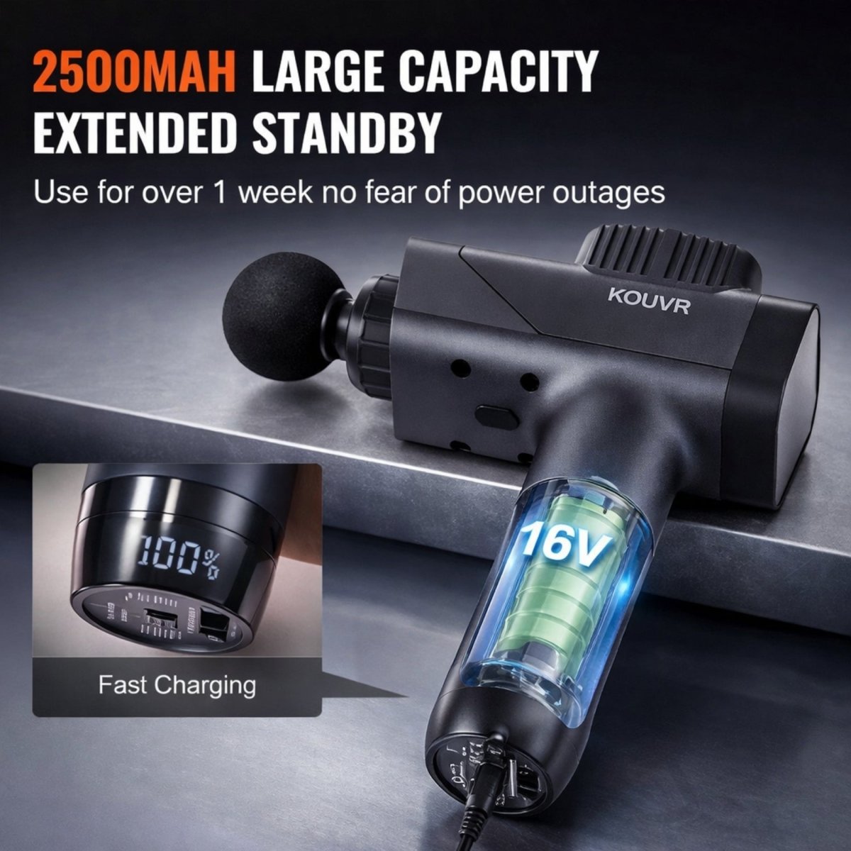 Transparent view of the 16V 2500mAh large capacity battery and digital fast charging LCD display on the Kouvr massager