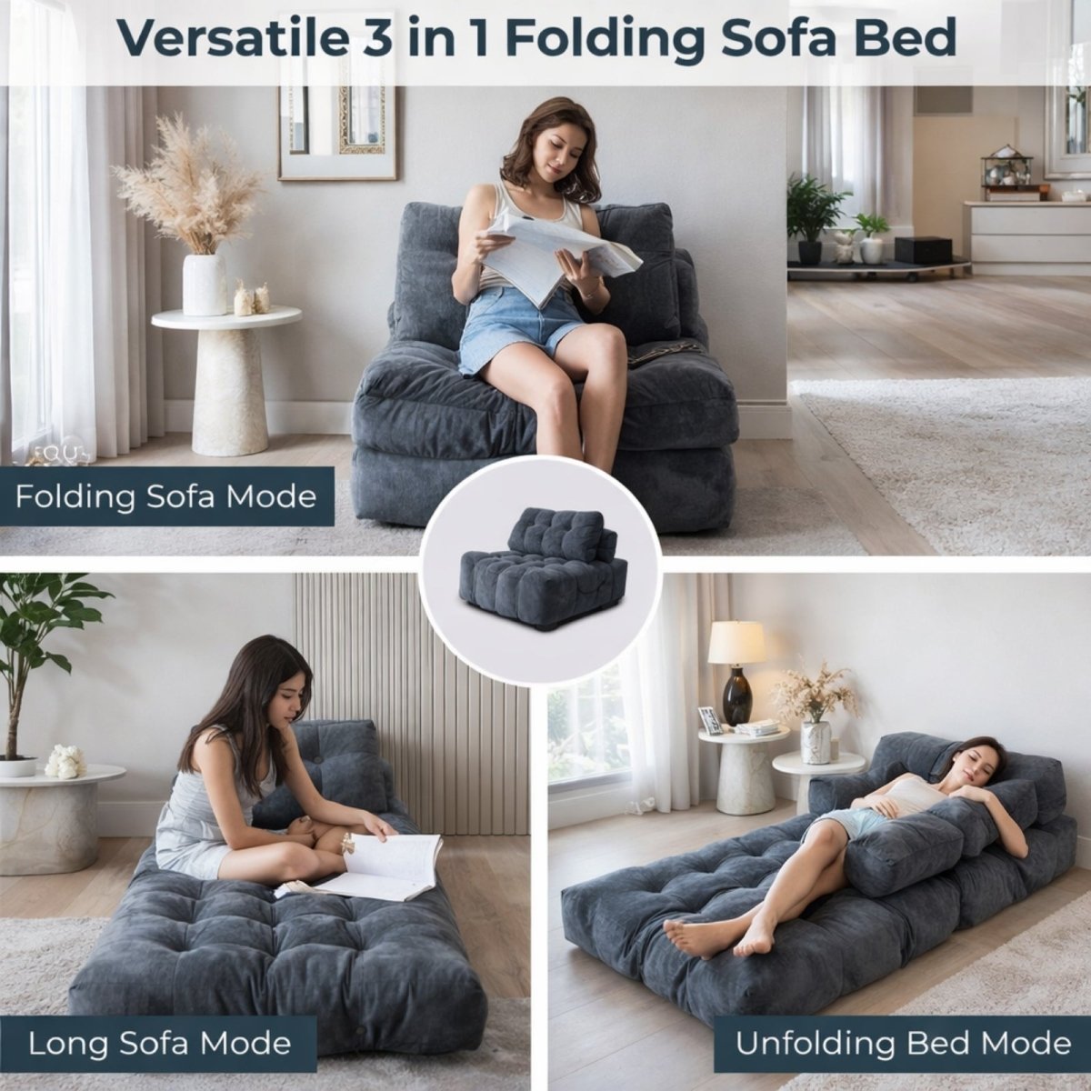 Collage showing three modes of the Kouvr chair: upright reading chair, extended chaise lounge, and fully flat guest bed sleeper.