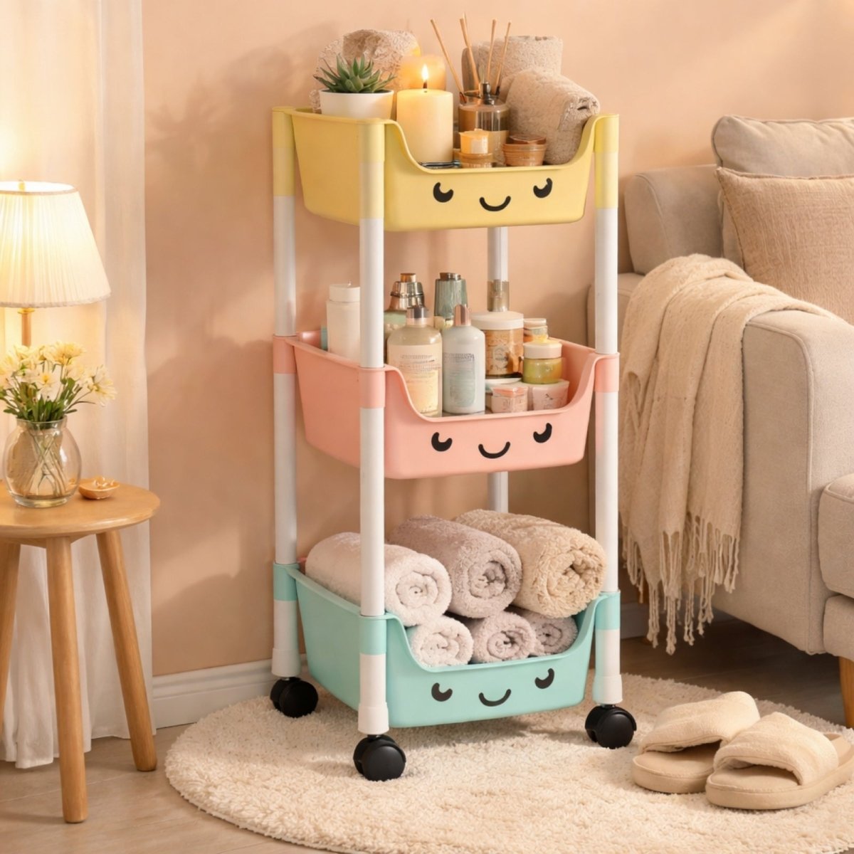 The slim, 3-tier Curated Rover Cart in white by Kouvr, holding rolled towels and a salt lamp on a bathroom vanity, creating a spa-like ambiance.