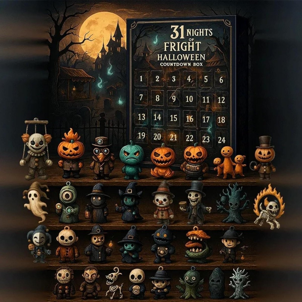 Kouvr 31 Nights of Fright Halloween Advent Calendar box shown behind two shelves displaying all 31 unique spooky toy figurines like ghosts, pumpkins, and skeletons.
