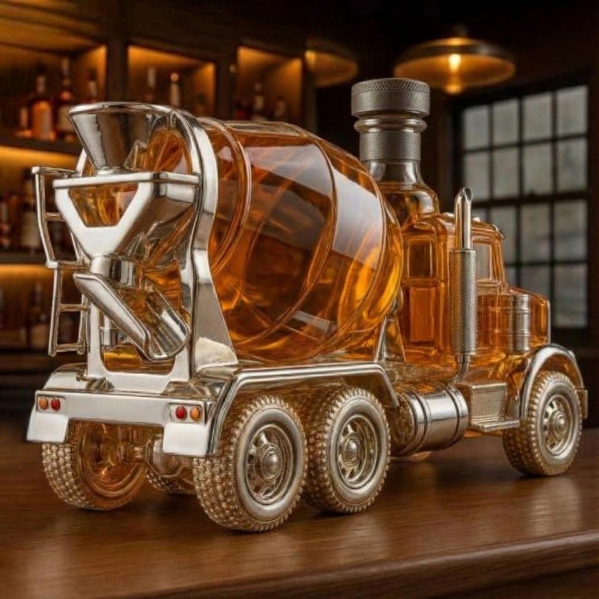 Rear three-quarter view of the Kouvr cement mixer decanter showing the detailed chrome chute, wheels, and glass drum design.