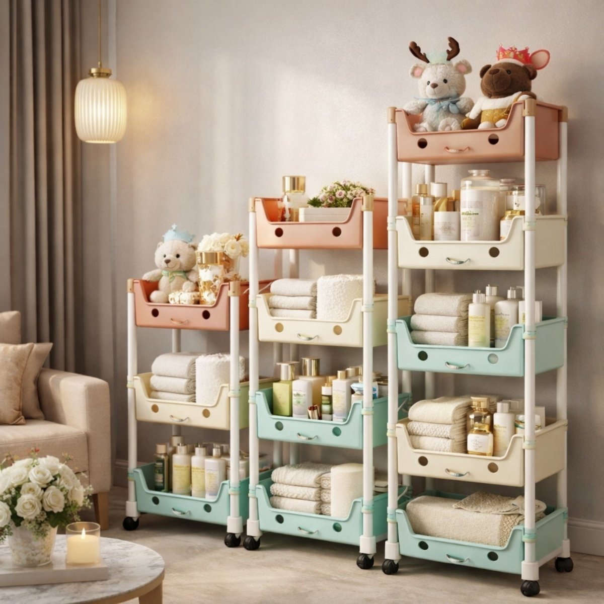 A versatile 4-tier pastel rolling utility cart by Kouvr, elegantly organizing towels and decor in a modern, sunlit living room space.